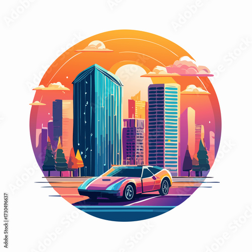 A stylized illustration of a sports car parked in a city with skyscrapers under a colorful sunset sky.