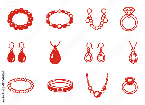 Set of Jewelry and Accessory Icons: Outline Symbols of Diamond Rings, Necklaces, Bracelets, and Earrings Representing Luxury, Fashion, Wealth, and Adornment
