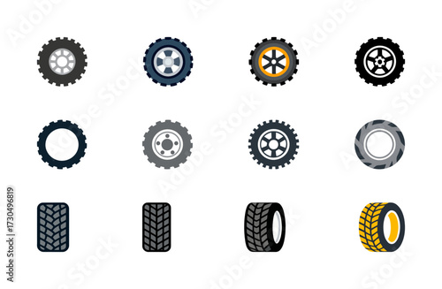 Collection of Various Vehicle Tire and Wheel Icons: Diverse Tread Patterns and Rims Representing Automotive Industry, Transport, Driving, and Mechanics