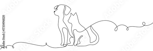Dog cat line pet art logo animal outline puppy continuous illustration. Sketch dog cat line icon vector love doodle silhouette paw drawing kitten background linear design one sit graphic stroke vet