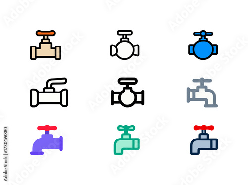 Collection of Colorful Faucet and Valve Icons: Different Styles of Taps and Valves Representing Plumbing, Water Supply, Industry, and Home Repair