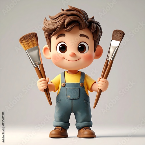 Cute Cartoon Boy Holding Paintbrushes.