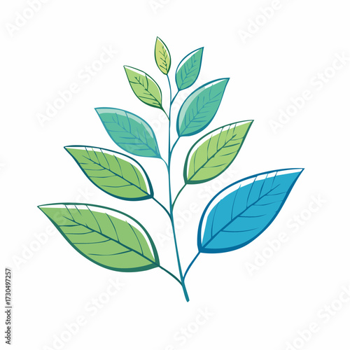 Illustration of a leafy branch with green and blue gradient leaves on a white background.
