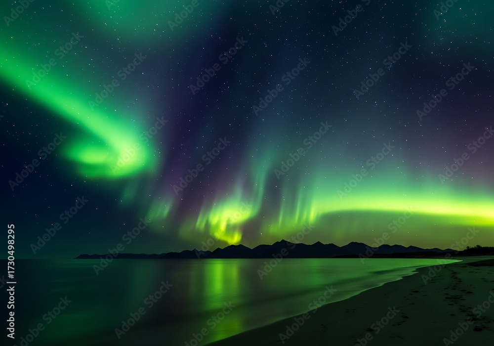 custom made wallpaper toronto digitalVibrant green and purple aurora borealis dancing in the night sky over a calm ocean and sandy beach.