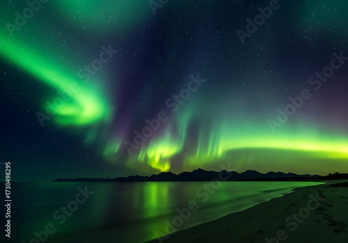 Wallpaper Mural Vibrant green and purple aurora borealis dancing in the night sky over a calm ocean and sandy beach. Torontodigital.ca
