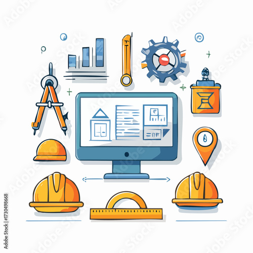 Illustration depicting architectural design elements including a computer screen displaying blueprints, hard hats, compass, ruler, and gear.