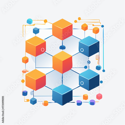 Abstract illustration of interconnected orange and blue cubes forming a network, connected by lines and dots, on a white background.