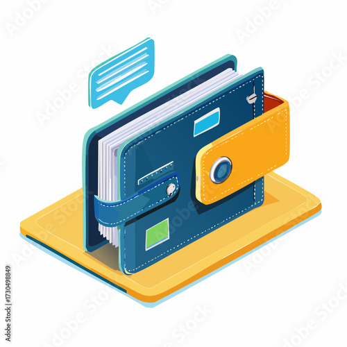 Digital wallet depicted on a tablet with a speech bubble, representing online transactions and financial technology.