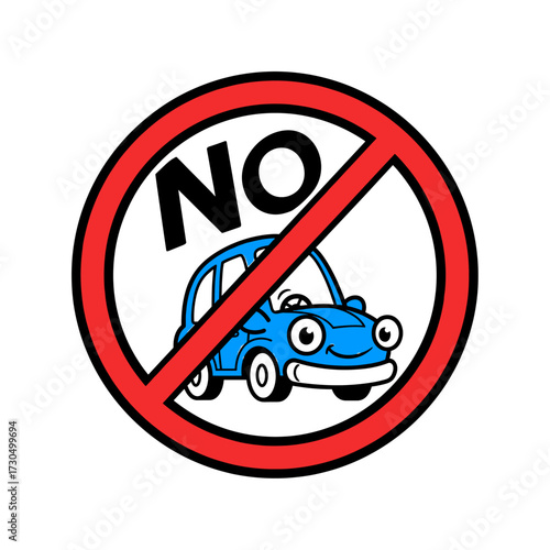 A cartoon blue car with a smiling face is depicted inside a red 'no' symbol, indicating a prohibition or restriction on vehicles.