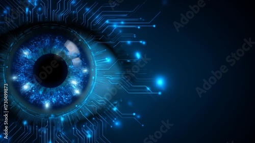 Digital eye with circuit board overlay on a dark blue background