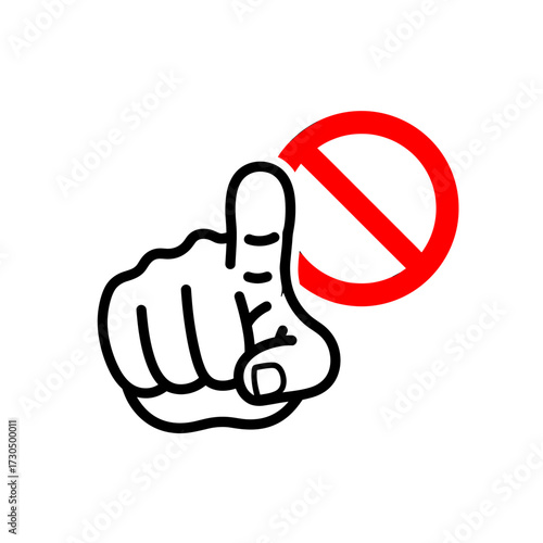 A hand with a pointed finger is shown with a red prohibition sign behind it.