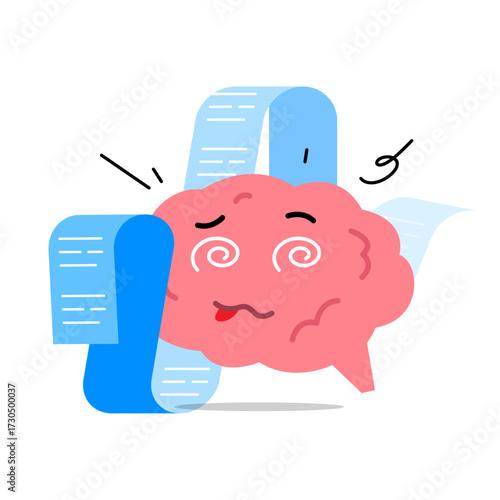 illustration of tired brain with long scroll of paper. information overload, cognitive fatigue, mental exhaustion, study burnout, stress, overwhelmed mind, overthinking, learning or knowledge overload