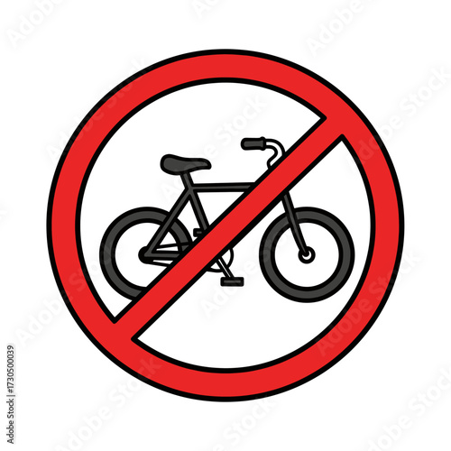 A red circle with a diagonal line through it, indicating a prohibition, superimposed over a black silhouette of a bicycle.