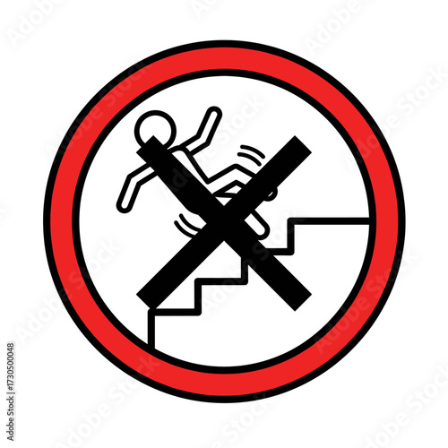 Prohibition sign showing a stick figure falling down stairs, indicating a warning against slips and falls on steps.