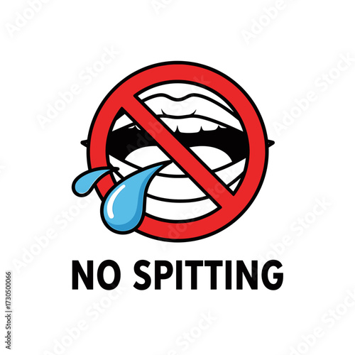 A circular sign with a red line through an open mouth, indicating no spitting.