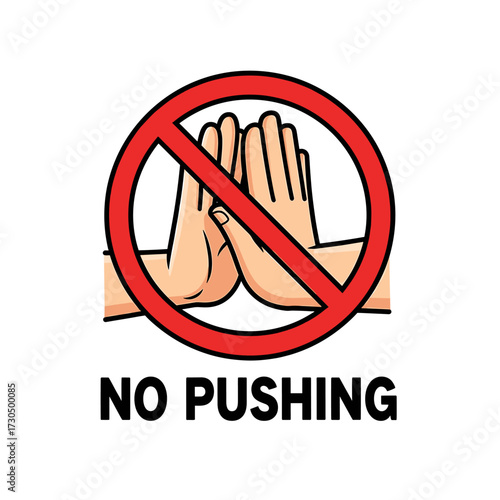 No pushing sign with hands and a red circle with a line through it.