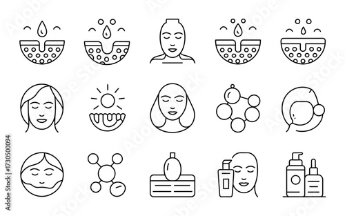 Collection of scalable vector icons illustrating skincare science and beauty treatments silhouette vector illustration white background