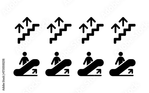 Collection of scalable vector icons representing escalators and stairs for navigation and accessibility silhouette vector illustration white background