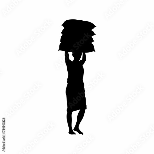 Silhouette of rice mill laborer stacking filled rice bags isolated on white background