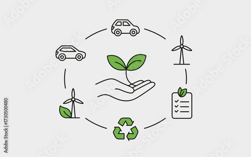 Minimalist line art icons representing eco friendly concept sustainable development and green technology silhouette vector illustration white background