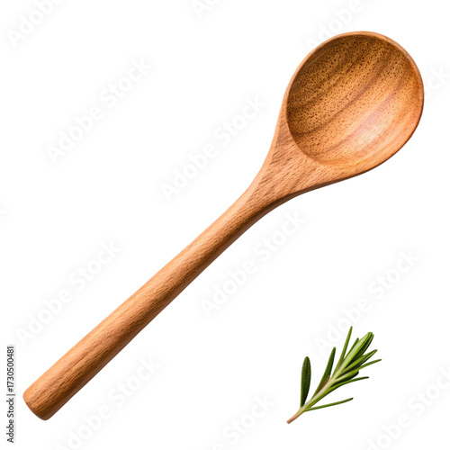 Wooden spoon with rosemary isolated on transparent background, kitchen utensil