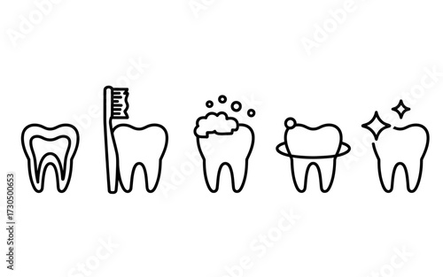Vector dental hygiene progression icons illustrating toothbrushing and sparkle silhouette vector illustration white background