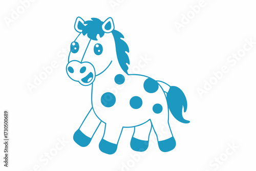 Cheerful blue cartoon horse with polka dots stands on a white background