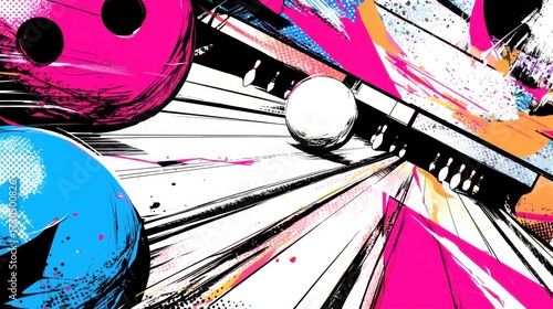 Bowling balls and pins on a stylized lane with abstract art