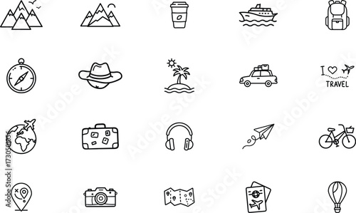 Doodle style travel icons set featuring mountains luggage compass car bicycle and more