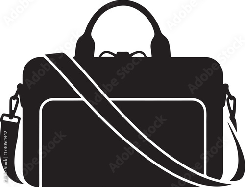 Black silhouette of a briefcase or laptop bag with a shoulder strap and top handles on a white background
