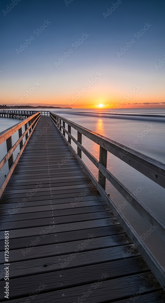 Fototapeta premium Sunrise Wooden Pier Over Water.