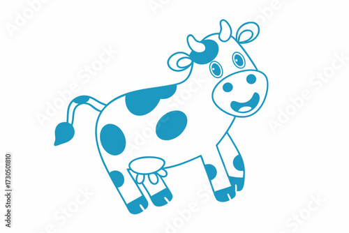 Cheerful cartoon cow smiles with blue spots, outlined in playful detail on white