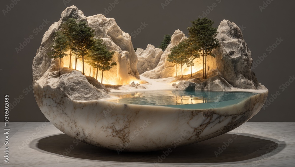 Fototapeta premium Carved marble mountain landscape bowl
