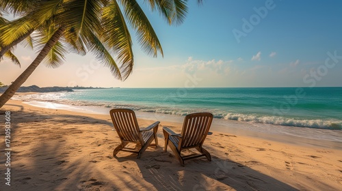 tropical beach, palm trees, two wooden lounge chairs on sandy shore, turquoise ocean, blue sky with clouds, warm, tranquil, idyllic, scenic, photorealistic
