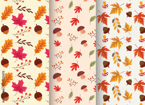 Autumnal Seamless Patterns Leaves Acorns and Mushrooms