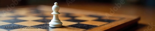 A chess piece, a white pawn, is moved forward on a classic wooden chessboard, illustrating strategic gameplay and calculated moves ,  white,  intelligence