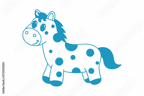 Cute cartoon pony with blue spots and outline stands happily on a white backdrop