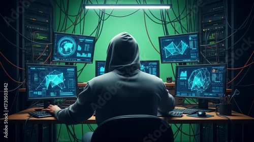 Back View of Person in Gray Hoodie at Computer Desk with Multiple Monitors Displaying Blue Graphics Against Green Wall