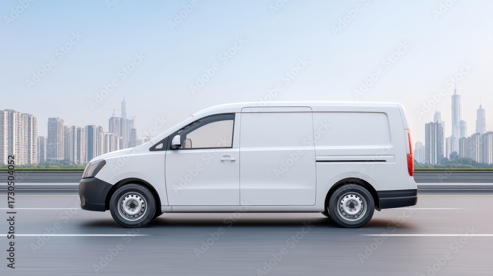 Fototapeta premium White Delivery Van in Urban Setting with Skyscrapers in Background, Modern Transportation Concept for Business and Logistics