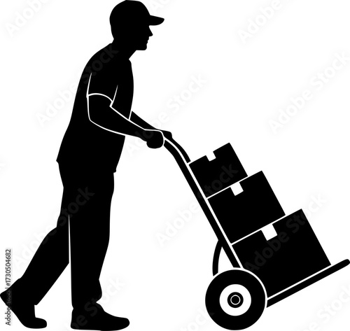 A silhouette of a person pushing a hand truck loaded with boxes