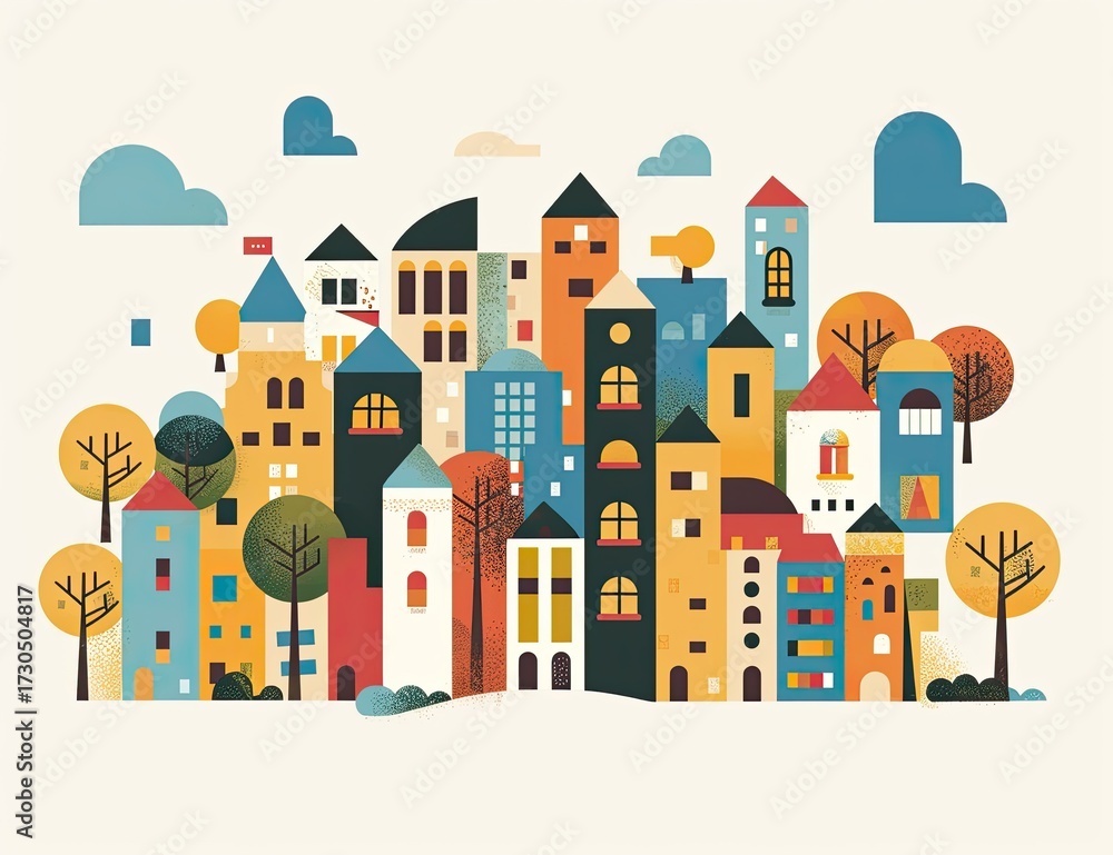 Fototapeta premium Colorful buildings in flat-style city scape, with trees and clouds for illustration