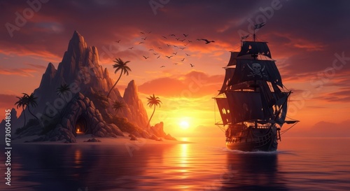 Pirate ship sails towards tropical island at sunset