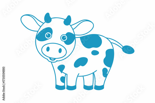 Line art of a cartoon cow with blue spots stands on the white background