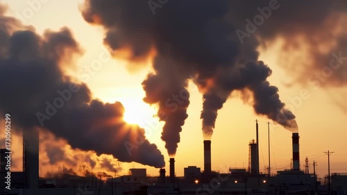 Industrial Factory Emitting Thick Smoke Pollution at Sunset.
