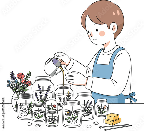 Child making homemade candles in jars with dried flowers and herbs