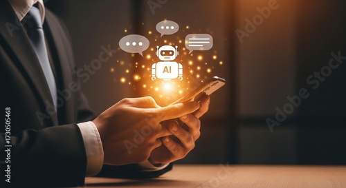 AI-driven customer service automation concept: robot-shaped chatbot symbol above mobile phone