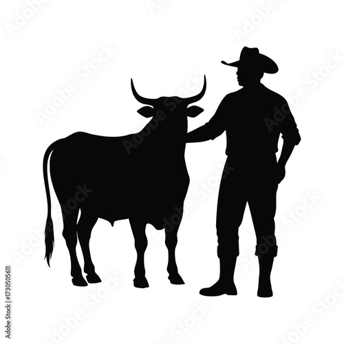 Black silhouette illustration depicting a cowboy with hat and longhorn bull, bull with farmer silhouette vector illustration