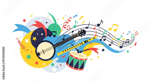 This energetic flat design illustration captures the joy of folk music and celebration, featuring stylized instruments and dynamic abstract elements that evoke sound and movement.
