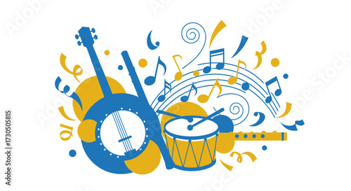This energetic flat design illustration captures the joy of folk music and celebration, featuring stylized instruments and dynamic abstract elements that evoke sound and movement.