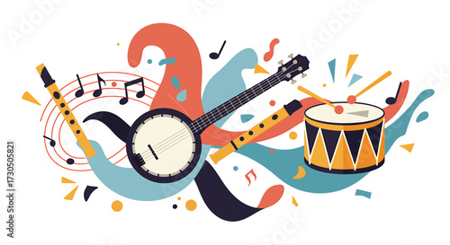 This energetic flat design illustration captures the joy of folk music and celebration, featuring stylized instruments and dynamic abstract elements that evoke sound and movement.